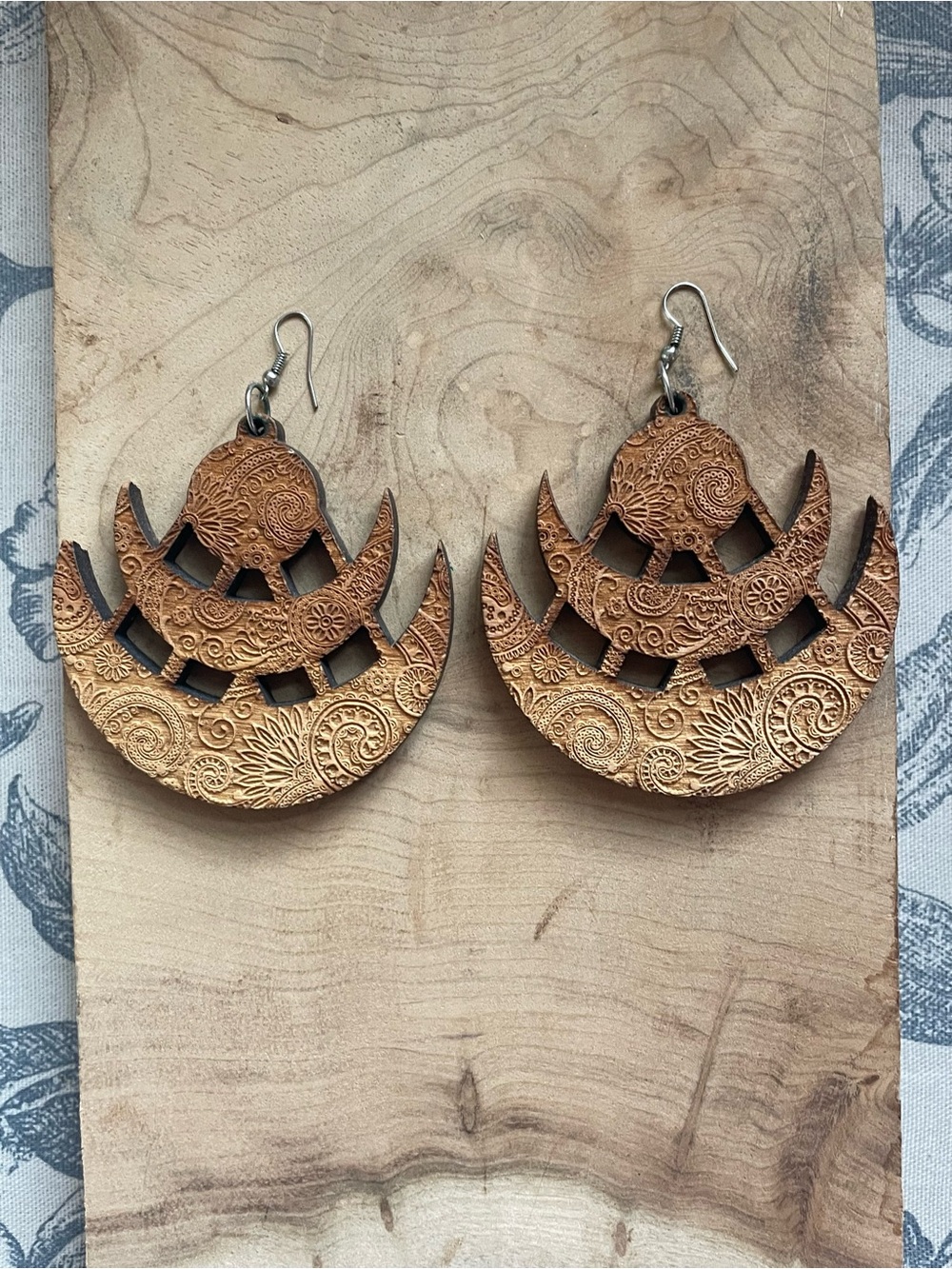 Large Wood Earrings Layered Crescent Shape Laser Etched Design-Brown